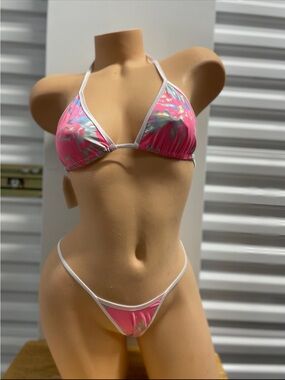 Pink Floral Triangle Bikini Set with Silver Accents